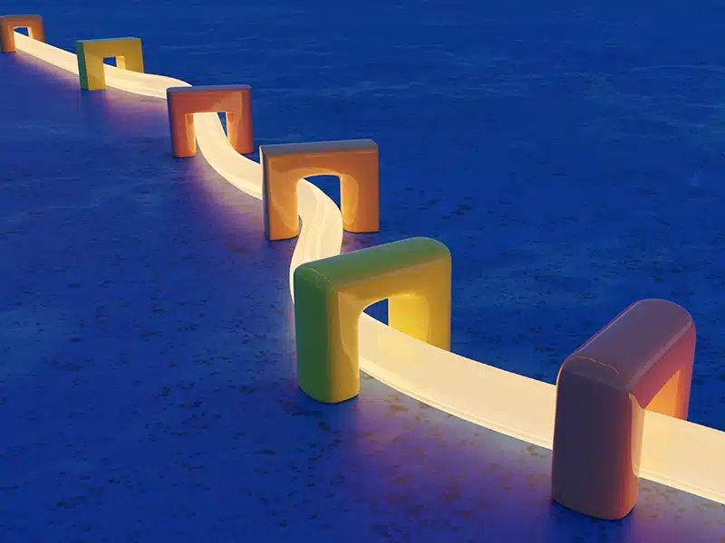Abstract scene where a tube of light connects several arches. 3D digital render