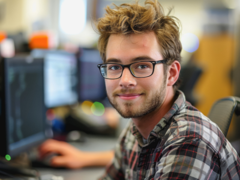 Computer programmers work with computers to develop new software programs.