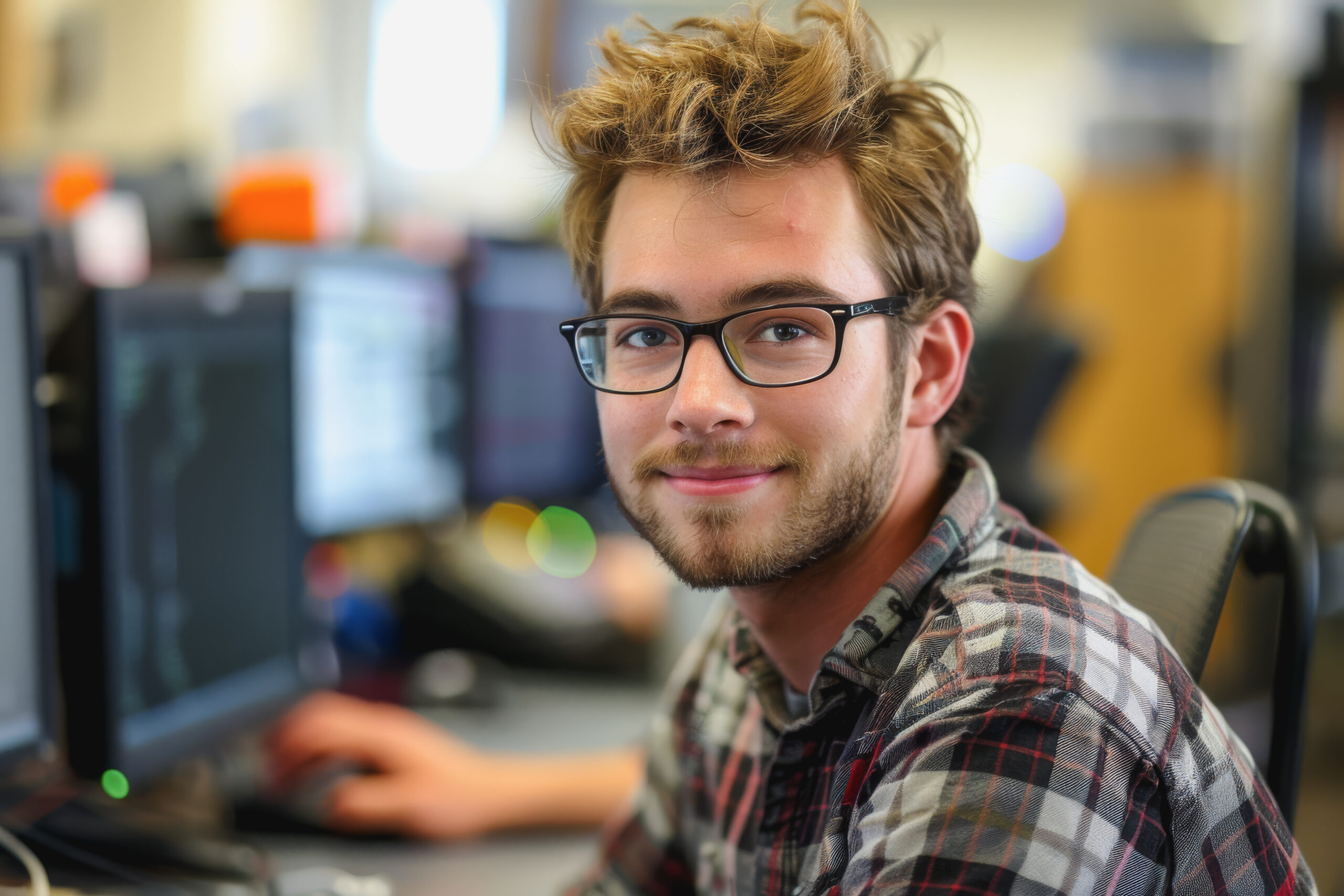 Computer programmers work with computers to develop new software programs.